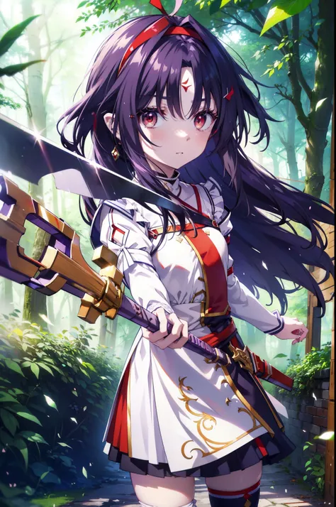 yuukikonno, Yuki Konno, hair band, Long Hair, Pointed Ears, Purple Hair, (Red eyes:1.5), (Small breasts:1.2), Serious face,Grasp the hilt of the sword with your left hand,
break white Knee socks, Removed sleeve, Knee socks, dress, white dress, armor breast...