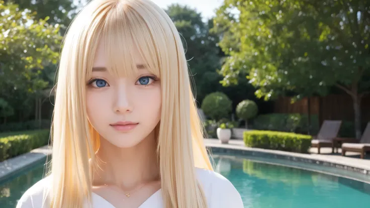 Golden shiny hair、Dazzling blonde super long silky hair、Cute little beautiful face of 17 years old、Shiny hair dancing in front of a pretty face、Long, silky bangs that cover the eyes、Bright pale blue eyes、Hair that hides the face、Sexy and cute young woman w...