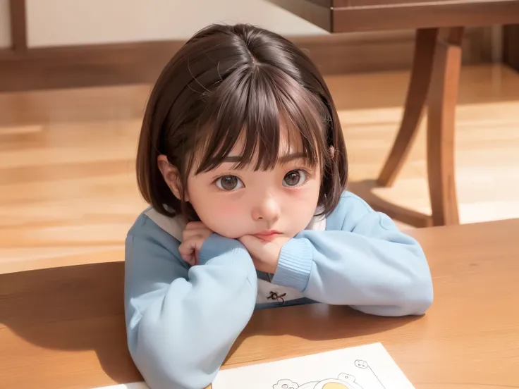 There is a little Japanese girl sitting at the table with a drink, adorable digital art, cute、beautiful, cute girl, nice digital painting, beautifullovely, Realistic cute girl drawing, cute detailed digital art, cute , cute and lovely, cute young girl, cut...