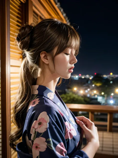 19 years old child, (wearing a navy pink yukata:1.2), (The yukata has flower-patterns on it:1.2), break, big round breast, ((updo hairstyle, Dark blonde hair, wavy hair, long hair, asymmetric bangs:1.2)), (:1.3), (closed eyes:1.3), (blush:1.3), (photoreali...