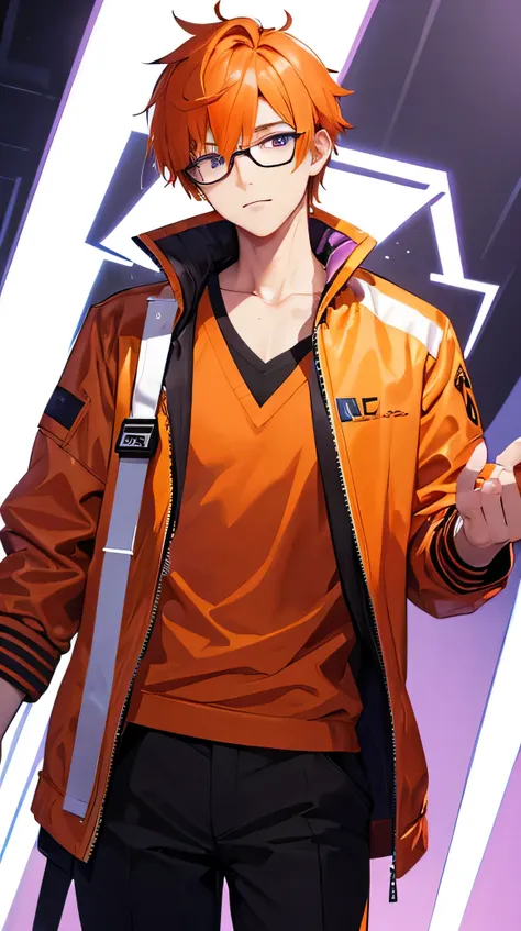 A half body person in jacket, best quality illustration of an orange-haired male character with a Korean hairstyle, purple eyes, and glasses. His personality is INTJ and he is interested in technology.