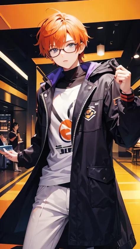 A half body person in jacket, best quality and detailed illustration of an orange-haired male character with a Korean hairstyle, purple eyes, and glasses. His personality is INTJ and he is interested in technology.