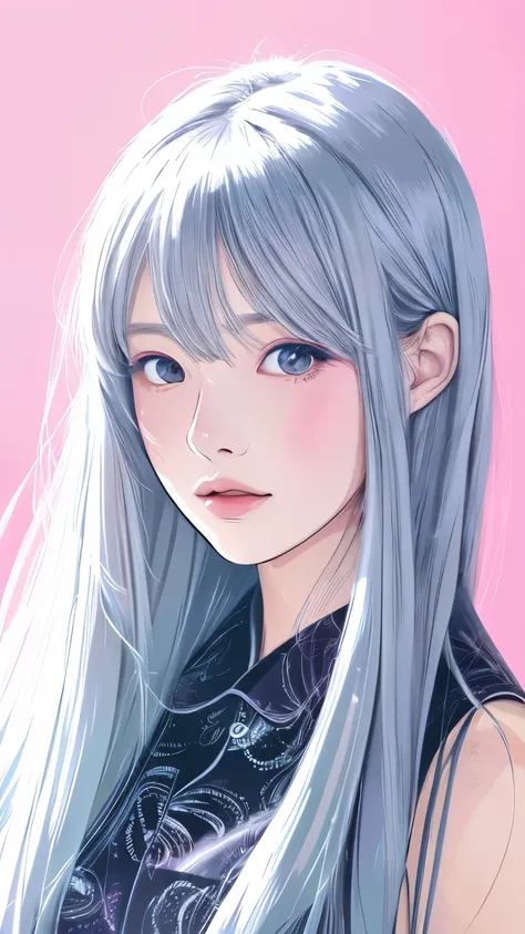 (Illustration style)、(Showa Anime)、Woman looking this way、(highest quality, Portraiture, Natural light)、Stylish、Dark Silver Hair、pastel colour