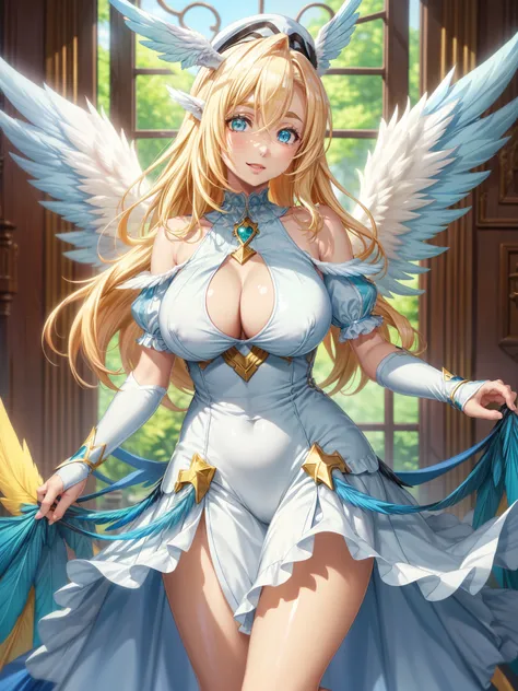 masterpiece、4k、beautiful、detailed、(Volumetric lighting、Dynamic Lighting)、Beautiful girl of anime Dokibird、Blonde Hair、Green Eyes、Captivating eyes、Hair between the eyes、Open your mouth、smile、Proud。Happy V-shaped eyebrows、(Cheeky expression 0.9)(Robat Style:...