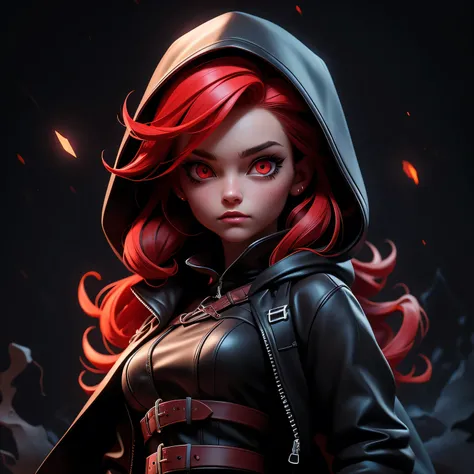 Best quality, realistic, a girl with red hair and detailed eyes and face, lightning bolts around, red glowing eyes, wearing a black dress, with a black overcoat, and a person with a black hood over their head. The scene depicts a huntress inspired by the s...