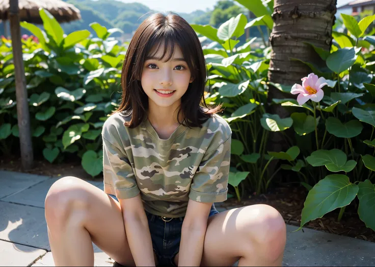 (masterpiece, highest quality, highest quality, Official Art, beautifully、aesthetic:1.2), (Camouflage colorｔ1 girl in shirt and shorts)、Smiling Girl、Big Eyes、Long light brown hair with bangs、Very detailed、Tropical Flower Background、Perfect lighting、Sharp f...