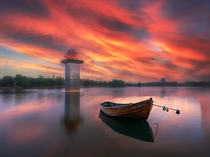 Small boat，Small boat，Morning glow，Irradiation，Lofty，fine