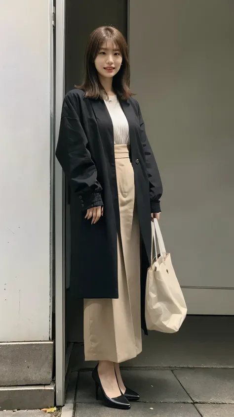 Wearing a black jacket and white shirt、Japanese women leaving the nest，Wearing a black emi-long hair:1.3), (Light brown hair:1.3), high waist，Wearing high heels，The background is gray，Full Body