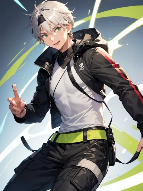 A half body person in jacket, best quality illustration of a gray-haired male character with a Korean hairstyle and headband, and green eyes, and brownish skin. His personality is cheerful and he is interested in adventures.