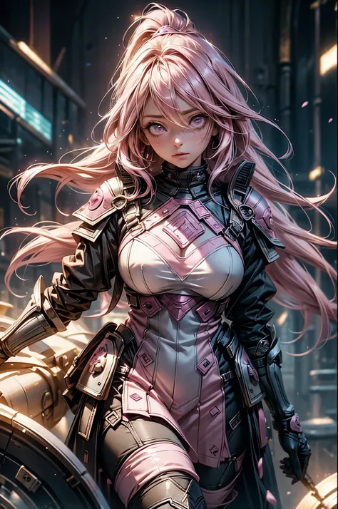 holding a bow、pink-haired scandinavian girl wearing half-plate armor and a frilly skirt over a skin-tight bodysuit, (pink long h...