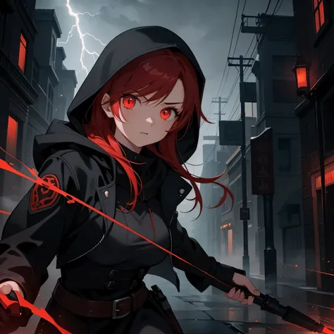 Best quality, realistic, a girl with red hair and detailed eyes and face, lightning bolts around, red glowing eyes, wearing a black dress, with a black overcoat, and a person with a black hood over their head. The scene depicts a huntress inspired by the s...