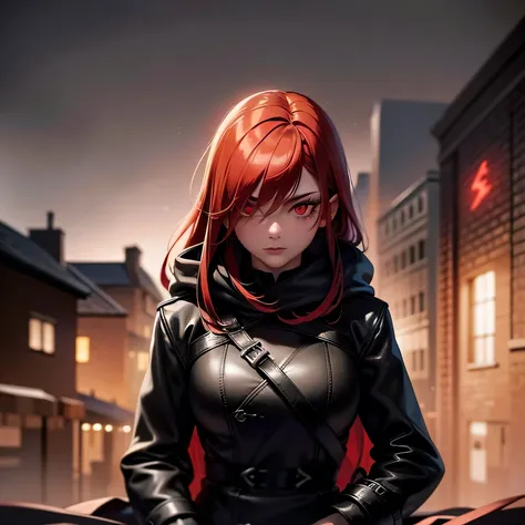 best quality, realistic, a girl with red hair and detailed eyes and face, lightning bolts around, red glowing eyes, wearing a bl...