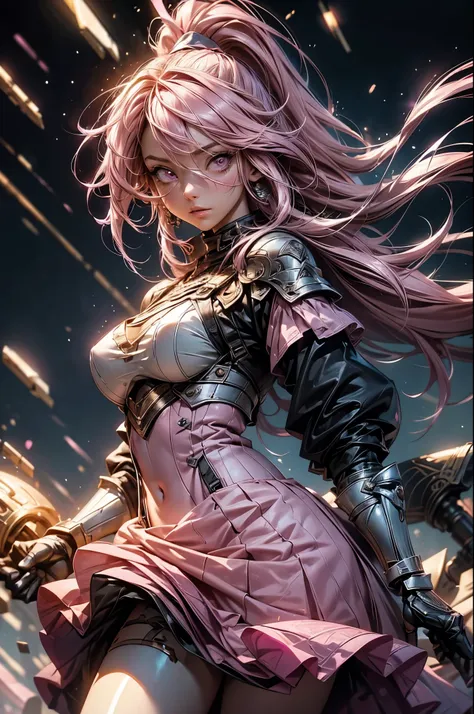 holding a bow、pink-haired scandinavian girl wearing half-plate armor and a frilly skirt over a skin-tight bodysuit, (pink long h...