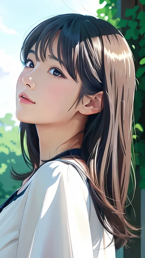 (Illustration style)、(Showa Anime)、Woman looking this way、(highest quality, Portraiture, Natural light)、Stylish、dark gray hair, outdoors, noon, detailed background