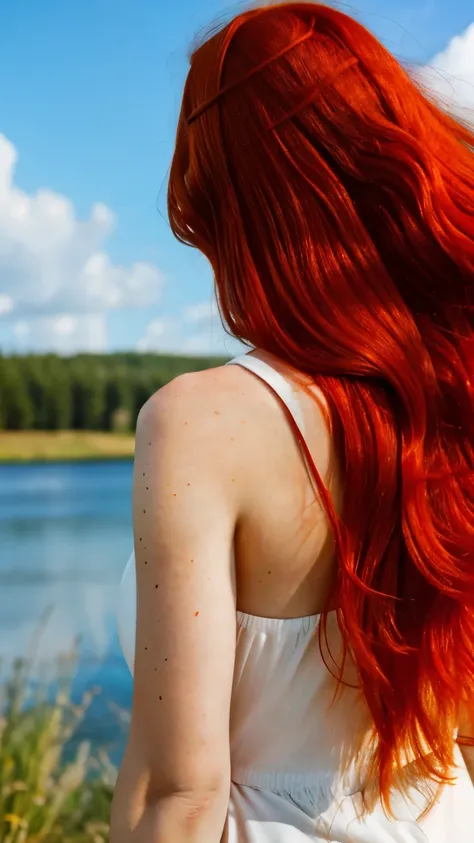 redhead haired woman with long red hair standing in front of a lake, red haired goddess, beautiful redhead woman, redhead woman,...