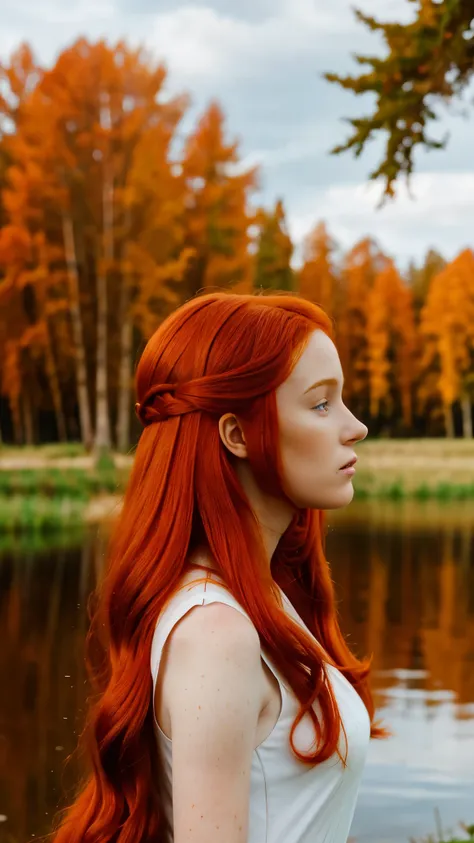 redhead haired woman with long red hair standing in front of a lake, red haired goddess, beautiful redhead woman, redhead woman, woman with red hair, flowing red hair, red hair girl, red haired girl, long flowing red hair, red haired young woman, flowing g...