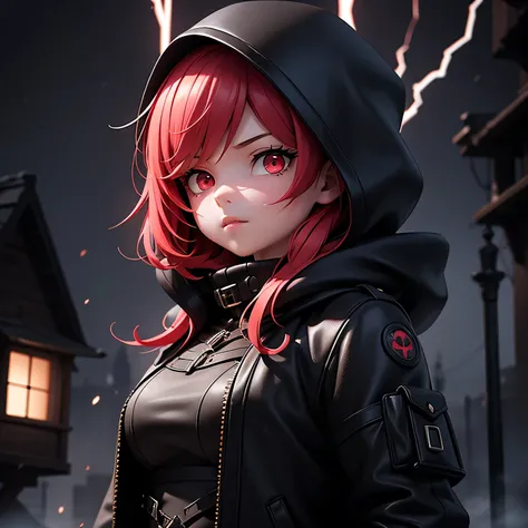 Best quality, realistic, a girl with red hair and detailed eyes and face, lightning bolts around, red glowing eyes, wearing a black dress, with a black overcoat, and a person with a black hood over their head. The scene depicts a huntress inspired by the s...