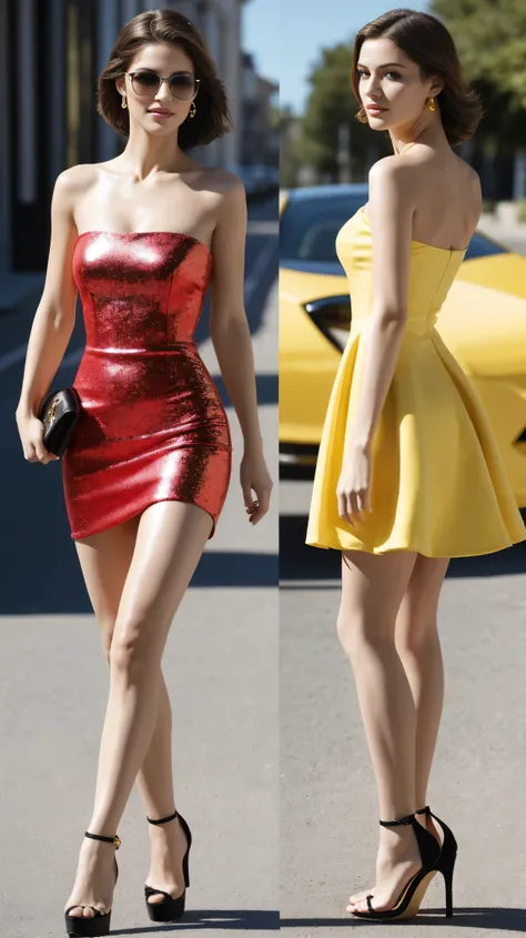 highest quality,masterpiece,Ultra-high resolution,(Actual:1.4),Original photo,Ultra-high resolution，8k，There are also women，Fair skin，Sunshine yellow and cool black collaboration dress:1.5，High heels，Long legs:1.5，Bright and beautiful，high waist，Flashy mak...