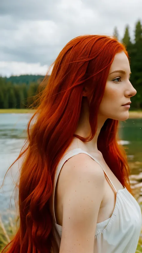 redhead haired woman with long red hair standing in front of a lake, red haired goddess, beautiful redhead woman, redhead woman,...