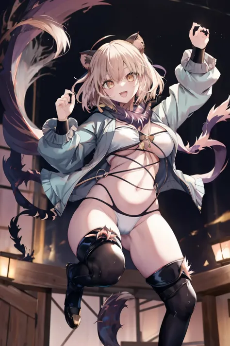 masterpiece, best quality,extremely detailed CG unity 8k wallpaper,
1girl,okita souji (fate),
 smile,open_mouth,jumping,middle_breasts,navel,thighs,happy,gold_eyes,half_eyes,apart_legs,rising_knee,open_legs,covered_pussy,dangerousbeast,(dangerousbeast:1.5)...