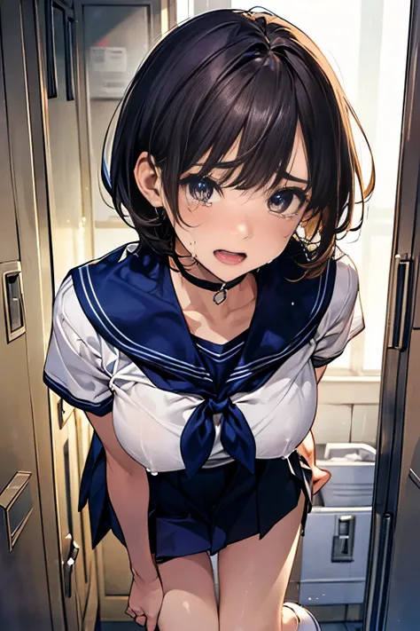 Browsing Caution,(((Perfect Anatomy, Anatomically correct, Very detailedな肌))), 1 girl, Japanese, high School girl, Shiny skin, Observe the audience, ((Back view, From below)), Beautiful Hair, Beautiful Face, Beautiful details, (short hair:1.1, Bobcut:1.2),...