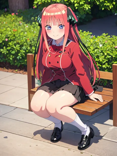 best quality, ultra-detailed masterpiece, anime art style, cute characters, nino nakano, breasts, blush, smile, full body, uniform