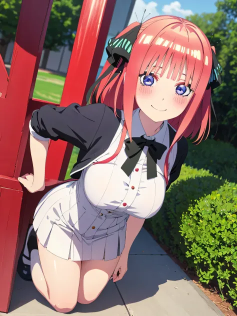 best quality, ultra-detailed masterpiece, anime art style, cute characters, nino nakano, breasts, blush, smile, full body, uniform