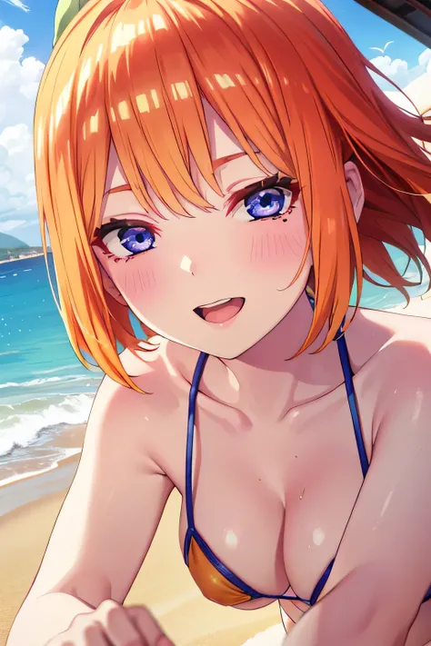 1girl , (yotsuha nakano, Yotsuha Nakano), bangs, blue eyes, Orange Hair, Green hair ribbon,happy smile, smile, Open your mouth,((orange ultra micro bikini)),Real Summer,Daytime,sunny,My hair is blowing in the wind,whole bodyがイラストに入るように,Slender body,
Destro...