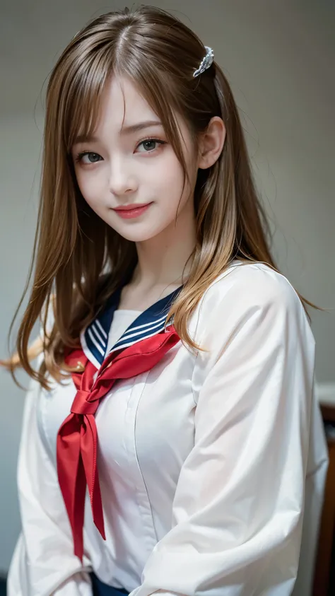 ((highest quality、Masterpiece、High resolution))、(((Zoom photo of upper body)))、(A shy smile:1.2)、One 15-year-old female、Beautiful Skin、Beautiful Eyes、Sailor suit、Blonde Hair、Trimmed bangs