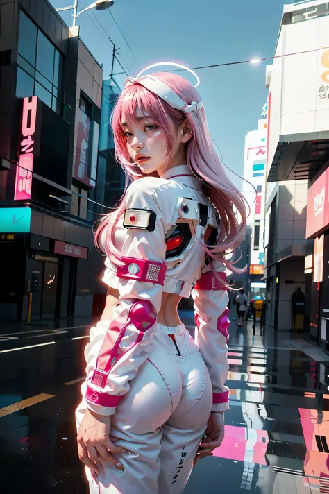 ((masterpiece, best quality, extremely detailed), volumetric lighting, ambient occlusion, colorful, glowing),
1girl, solo, young girl, (pink hair), long hair, halo, aura, sacred, godness, cyber suit, (white outfit:1.3), android, bot, angel wings,
outdoors...