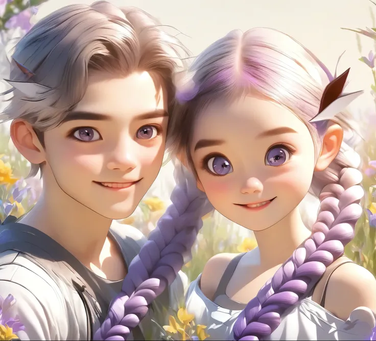 1 boy,A girl with purple and white gradient double braids and a long ponytail,,young,Full of energy,nature,Sunny meadow background,Smiley Face,eye contact,tender emotions,Sweet atmosphere,illustration,Soft colors,best quality,4k,8K,high resolution,masterpi...