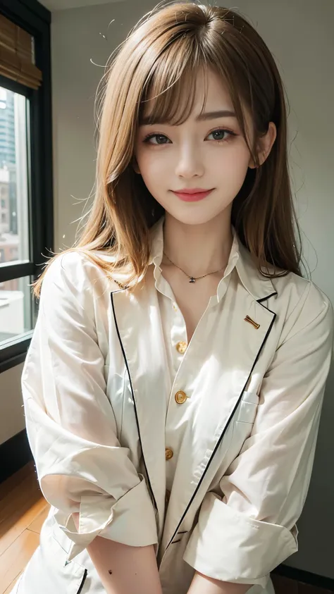 ((highest quality、Masterpiece、High resolution))、(((Zoom photo of upper body)))、(A shy smile:1.2)、One 15-year-old female、Beautiful Skin、Beautiful Eyes、blazer、shirt、Blonde Hair、Trimmed bangs