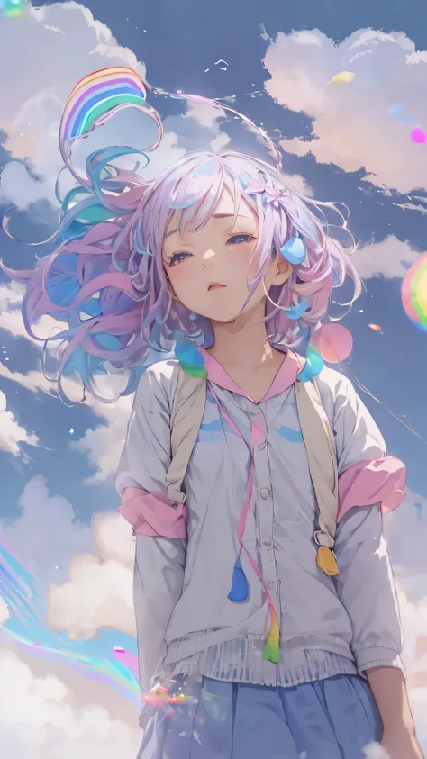 (((floating in the sky:1.2、one girl、standing on the clouds)))、pastel clouds、perfect anatomy、small face、small nose、fuller lips、tw...