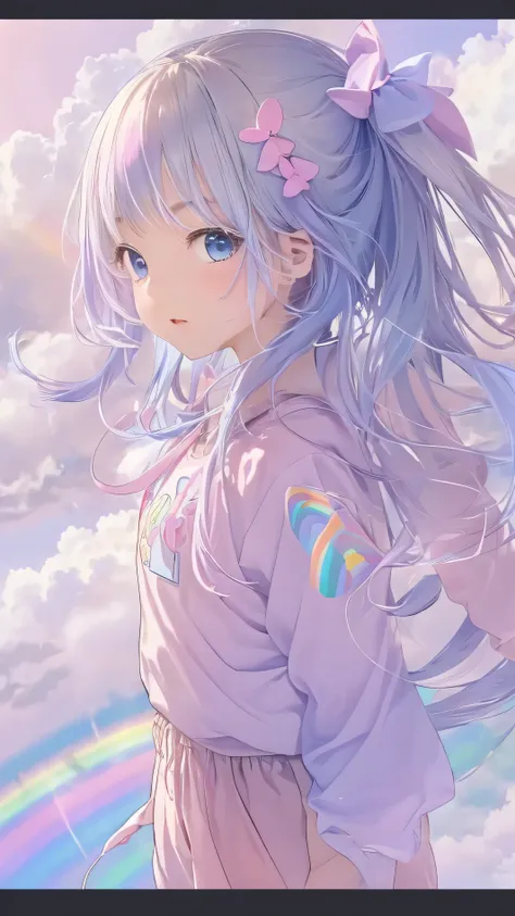 (((floating in the sky:1.2、one girl、standing on the clouds)))、pastel clouds、perfect anatomy、small face、small nose、fuller lips、tw...