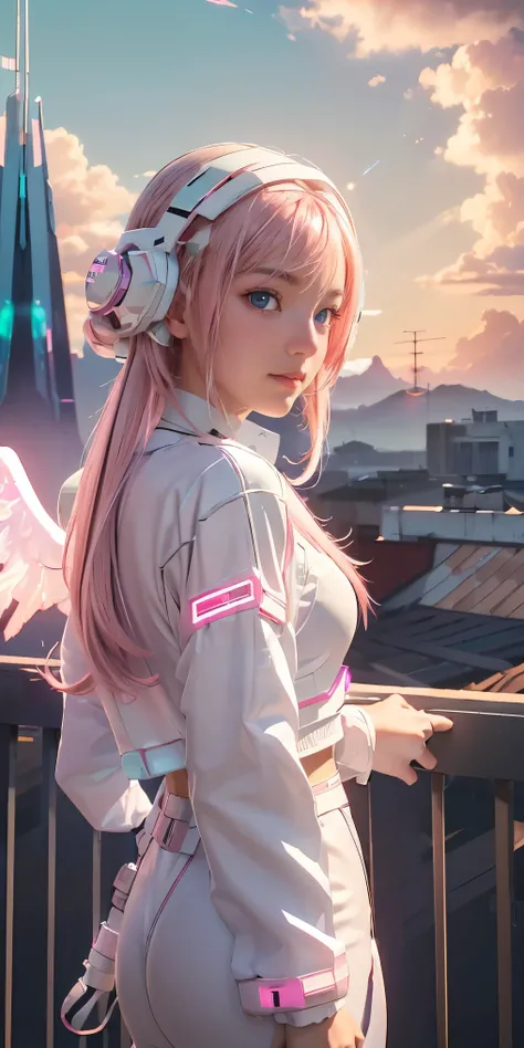 ((masterpiece, best quality, extremely detailed), volumetric lighting, ambient occlusion, colorful, glowing), 
1girl, solo, young girl, (pink hair), long hair, halo, aura, sacred, godness, cyber suit, (white outfit:1.3), android, bot, angel wings,
outdoors...