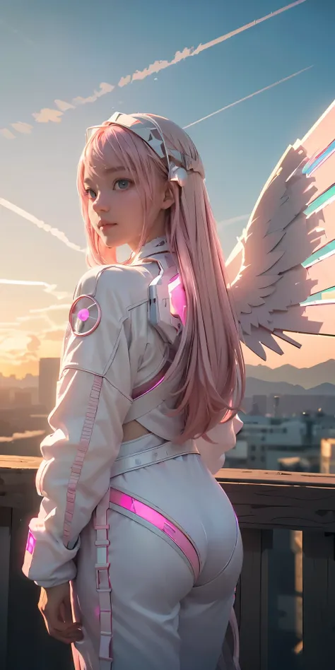((masterpiece, best quality, extremely detailed), volumetric lighting, ambient occlusion, colorful, glowing),
1girl, solo, young girl, (pink hair), long hair, halo, aura, sacred, godness, cyber suit, (white outfit:1.3), android, bot, angel wings,
outdoors...