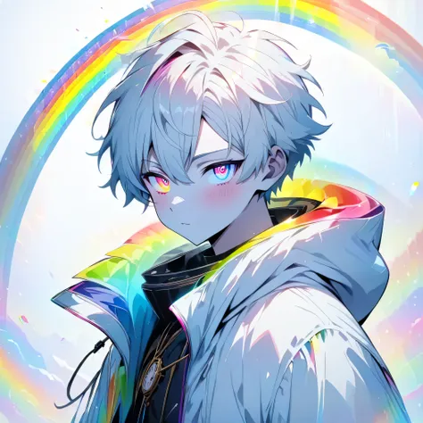 [(white background:1.5)], ((masterpiece)), high quality, ((solo)), ((1 younger boy)), (white color short hair), (rainbow color e...