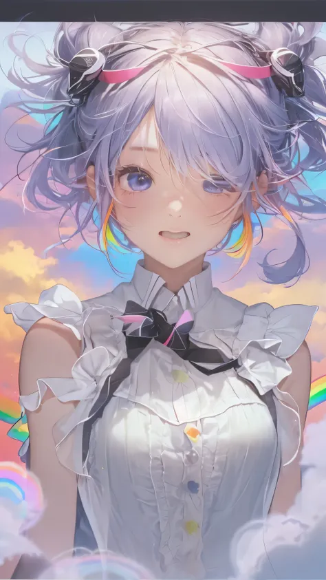 (((Floating in the sky:1.2、One Girl、Standing on the Clouds)))、Pastel clouds、Perfect Anatomy、Small face、Small Nose、Fuller lips、Twin tails、rainbow colored hair、Dirty clothes、Disheveled clothing、It impossible、fly in the sky、(((The background is pastel clouds:...