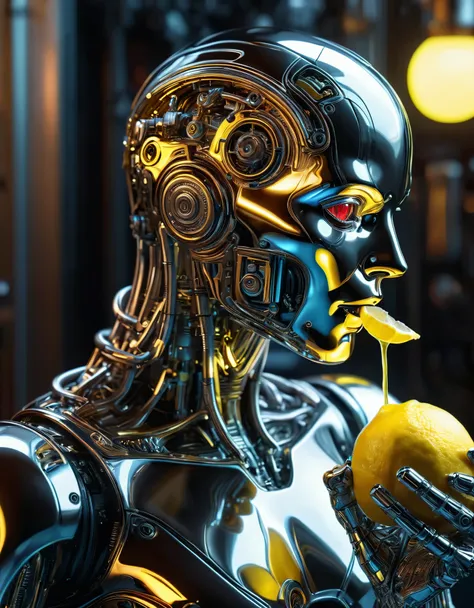 A liquid metal android eating a lemon, highly detailed, photorealistic, cyberpunk style, cinematic lighting, dramatic shadows, hyper detailed gears and circuitry, intricate mechanical design, glowing neon eyes, vivid colors, chrome finish, sharp focus, 8k,...