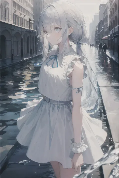 (background), masterpiece, highest quality,figure, wallpaper, Super detailed, Absurd, One girl, alone, (Liquid Hair:1.2), Beautiful fine details,
bangs, Cowboy Shot, Long Hair, Magical girl, Gray Hair, Wave,  water,  water drop, Look to the side, Water pla...