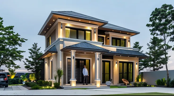 1 modern house, coffee space:1.4, main materials are white walls and glass windows, large yard, 1 track in front of the house, (RAW photo, real, best quality, masterpiece:1.2), modern look minimalist, 1 front entrance, shime ring light, indoor light bright...
