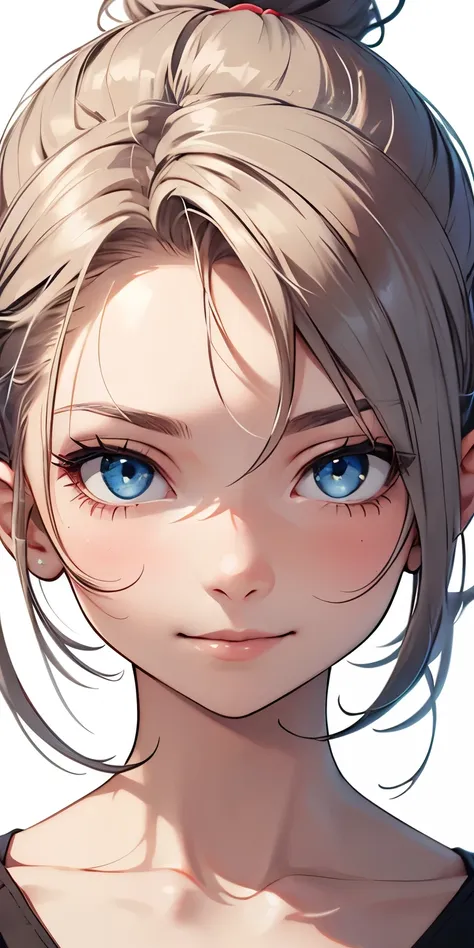 A beautiful, detailed portrait of a young platinum-haired girl, all her hair tied back in a high ponytail or ballerina bun, no bangs, no hair over forehead,looking directly at the viewer with cerulean blue eyes and an innocent, charming smile, front view, 