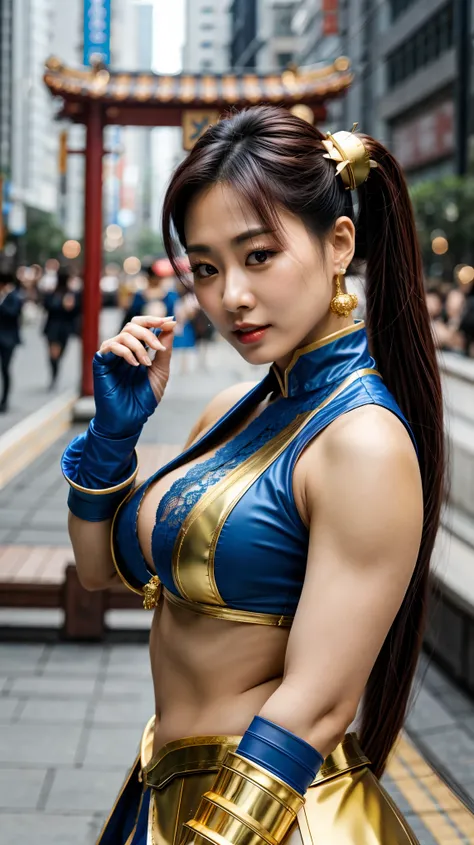 8K , Japanese Idol , Baby Face , Cute , Masterpiece , 18 Yearsold , Blue-Gold ((Chun-Li Uniform Cosplay)) , Lace , Gloves , Ultra Large Bare Breast , Posing , Muscular , Sexy Look , Dramatic Pictures , Gorgeous , Effiel Tower Background , Extremely Detaile...