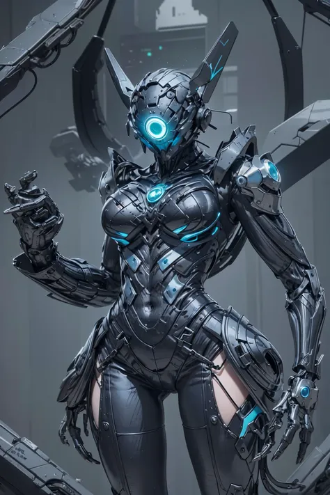 A female transformer. mechanical body. Three luminous eyes. tarantula motif. Helmet liked face. Image colors of black and blue. Metallic luster. full body image. sexy.