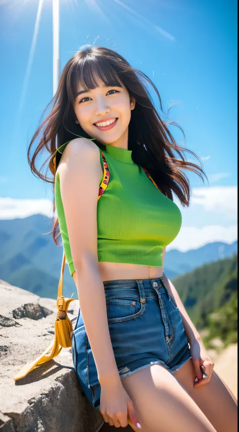 ((Mountaineering))、Backpack、blue sky、Laughter、(masterpiece、highest quality) 、cute、(Huge boobs:1.2)、((20-year-old woman:1.2))、Young and adorable Japanese face, ,Soft portrait photography,In 8K,、A young and cute gravure idol