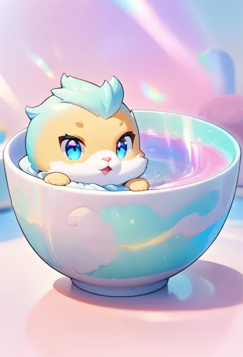 chibi, super deformed, furry, funny, fluffy, best quality, masterpiece, a cute baby duck peeking out of a beautiful painted ceramic bowl, iridescent shining, pastel color image effects