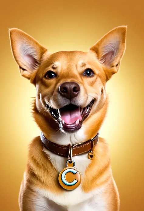 ((Create the image of a smiling caramel-colored dog with a pendant with the letter "C" on its collar