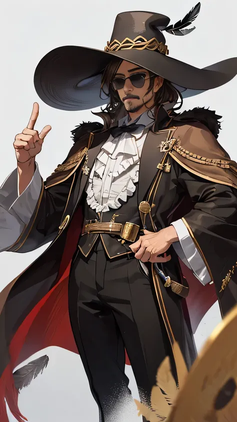 （1man，The Alchemist，8K，Male uncle），Middle-aged male alchemist in brown coat，(Black messy hair，Exaggerated big hat，Wearing sunglasses，There is a brilliant feather on the hat，Unshaven))，Perfect eyes，perfect pupils，Oil painting style，Thick coating，Thick lines...