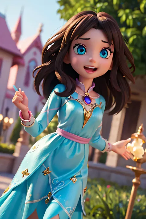 A mystical fairy mom magician with amazed eyes, blue eyes, shiny and bright eyes, long brunette hair, pink skin, surprised and happy face, very very happy expression, amazed character, magic light and magic effect, green dress, focus on the face, perfect q...