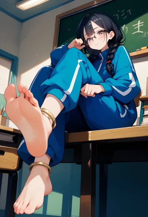 score_9, score_8_up,score_7_up,hadrian,black hair,baggy blue track suit,baggy blue track pants,glasses,black hair,low twin braid...